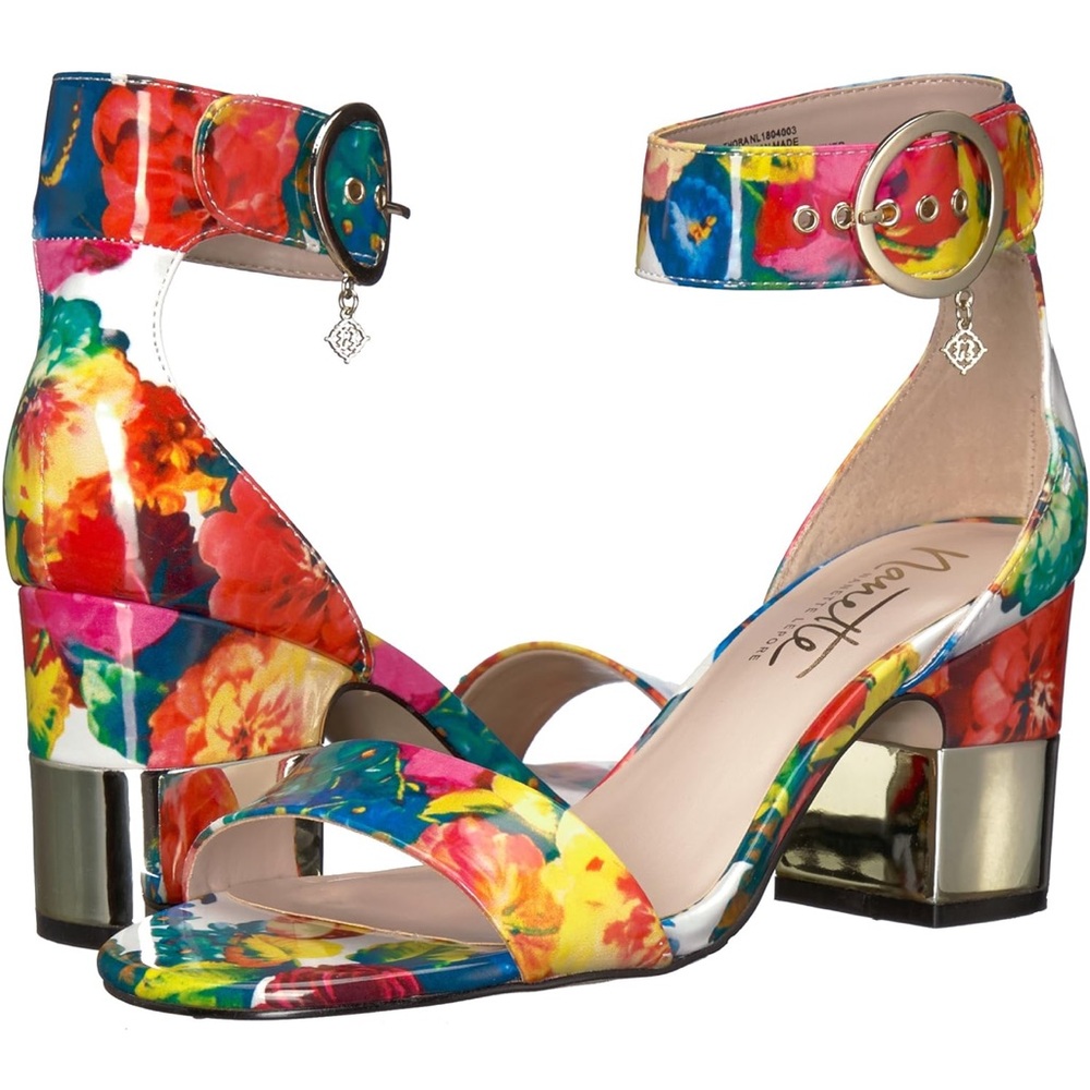 NWOB Nanette Lepore Thora Ankle Strap Gold Heeled Pink Floral Sandal 10